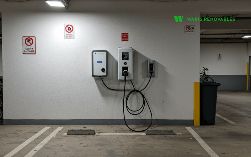 Cargador de coche electrico instalado en plaza de garaje comunitario segun normativa espanola