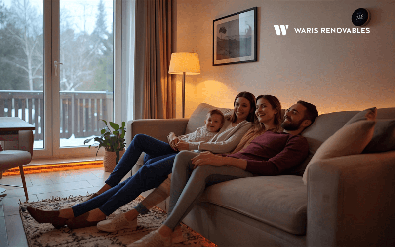 Familia disfrutando de hogar confortable con calefaccion por aerotermia alimentada con energia solar