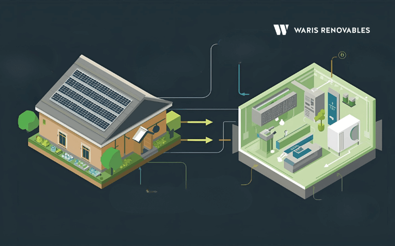 Infografia tecnica mostrando conexion entre bomba de calor aerotermica y paneles solares fotovoltaicos