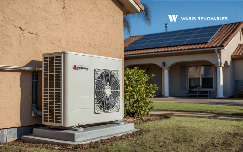 Unidad exterior de bomba de calor aerotermica instalada junto a vivienda con paneles solares en tejado
