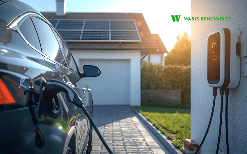 Coche electrico cargando con wallbox conectado a instalacion de paneles solares en tejado de vivienda