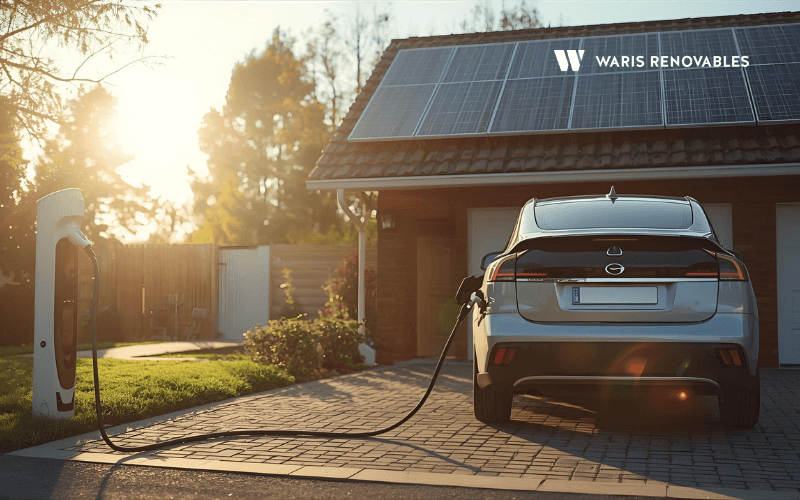 Vehiculo electrico cargando energia solar con paneles fotovoltaicos visibles en fondo bajo cielo soleado