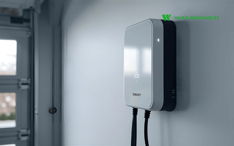 Wallbox inteligente instalado en garaje con conexion a sistema fotovoltaico para carga solar de vehiculo electrico