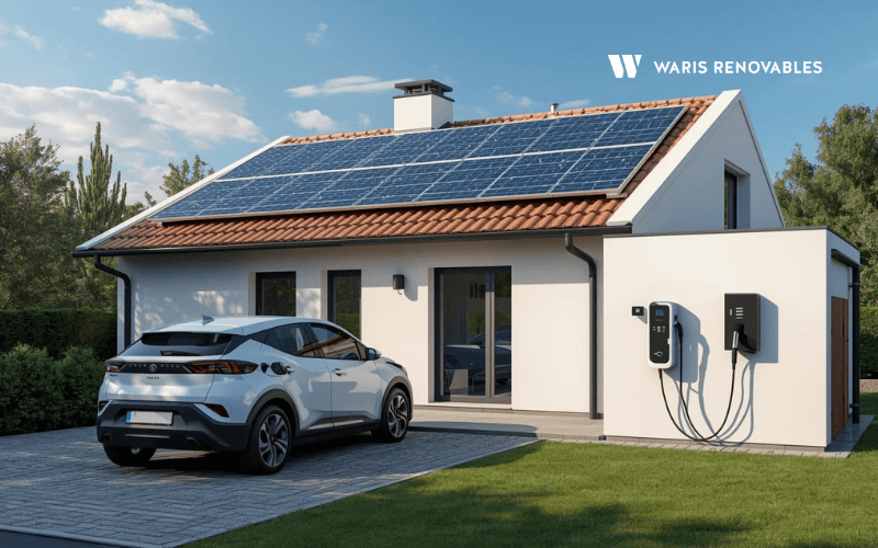 Casa moderna con paneles solares en tejado y coche electrico recargando en el exterior