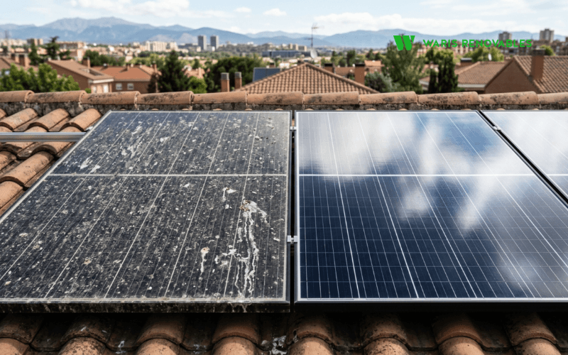 contraste entre placa solar sucia con polvo y placa solar limpia