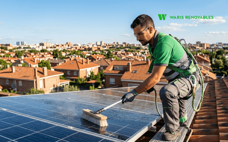 tecnico limpiando placas solares en tejado residencial de madrid