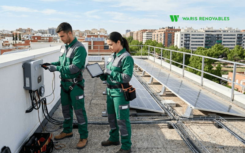 tecnicos revisando rendimiento de instalacion solar tras limpieza en madrid