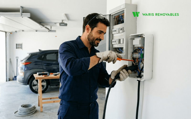 instalador colocando punto de recarga coche electrico junto cuadro electrico