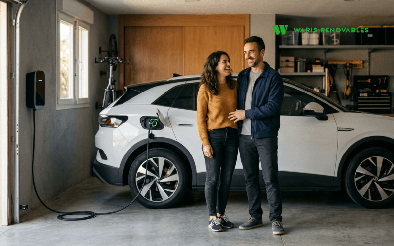 pareja con coche electrico cargando en wallbox garaje casa