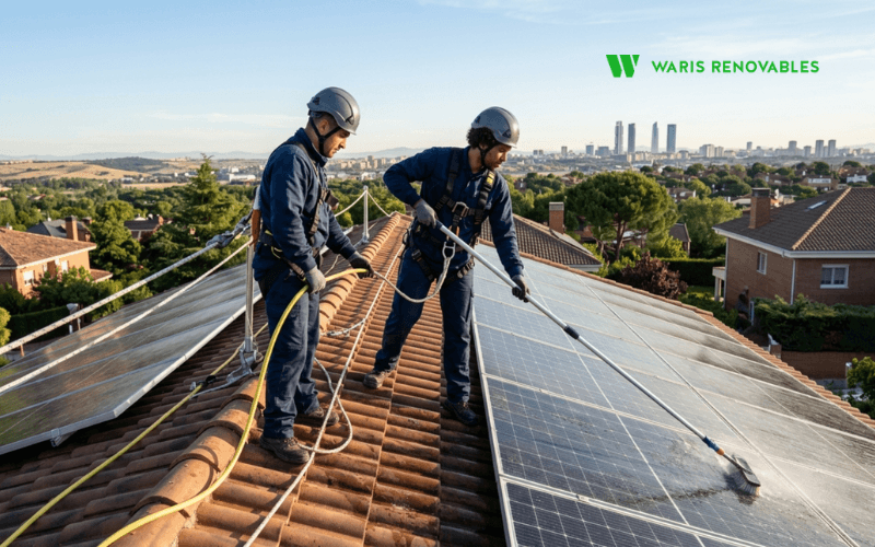 instalador limpiando placas solares vivienda madrid