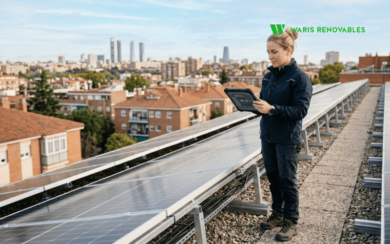 tecnico revisando rendimiento paneles fotovoltaicos madrid