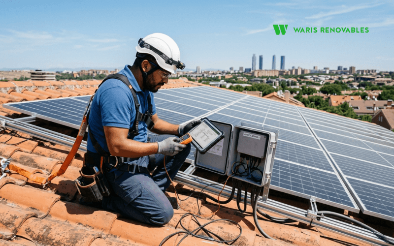 instalador revisando la produccion de placas solares en un tejado