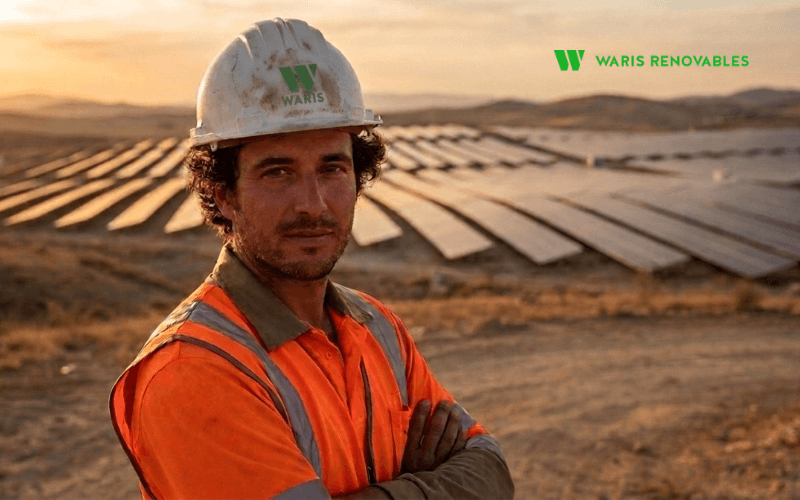 ingeniero solar frente a una planta fotovoltaica de gran escala en espana