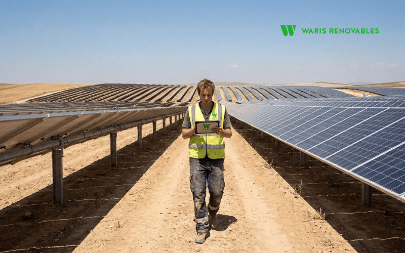 planta fotovoltaica de gran escala con hileras de paneles solares