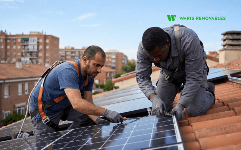 tecnicos instalando paneles solares en el tejado de una vivienda