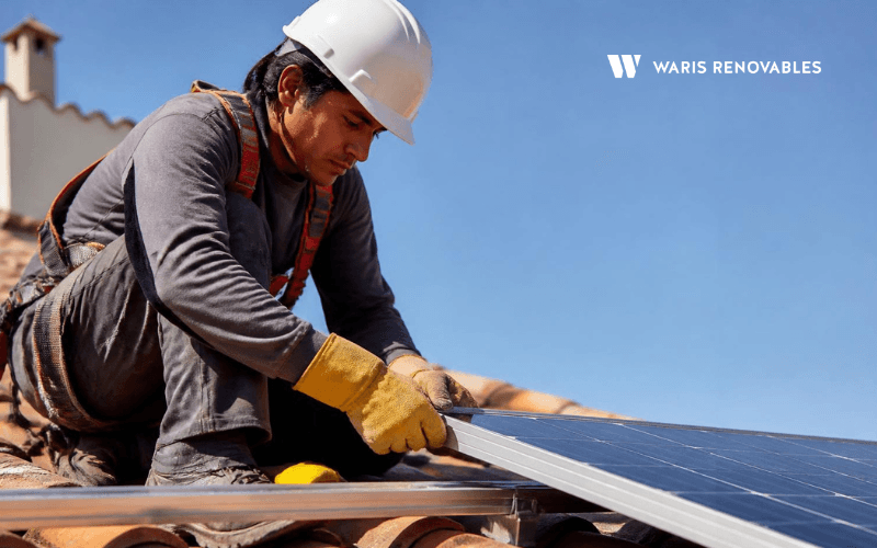 instalador fijando un panel fotovoltaico en una cubierta de teja de una vivienda