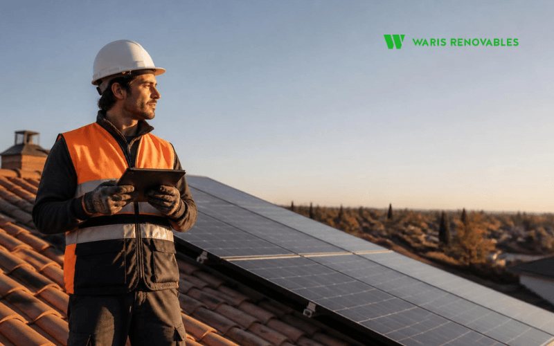 instalador revisando paneles solares en el tejado de una vivienda en madrid